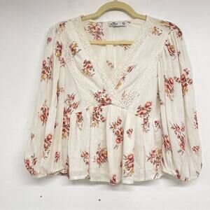 Hollister Cream & Pink Floral Puff Sleeve Boho Lace Trim Blouse XS Romantic